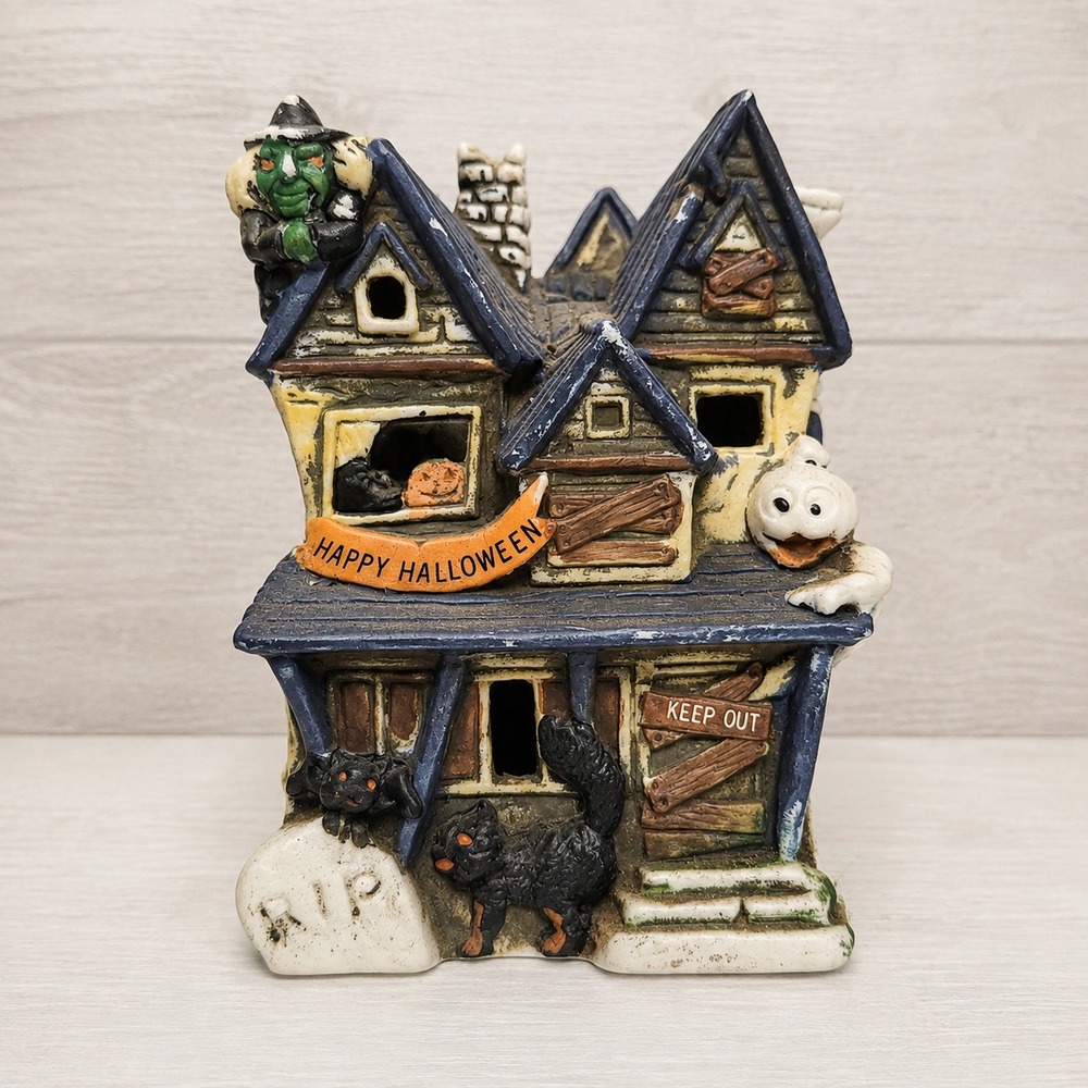 VTG Porcelain Halloween Village 3D Spooky Haunted House Cat Pumpkin Witch Ghost